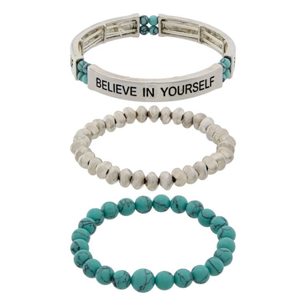 Inspirational BELIEVE IN YOURSELF Stretch Bracelet Turquoise Beaded 3pc Set